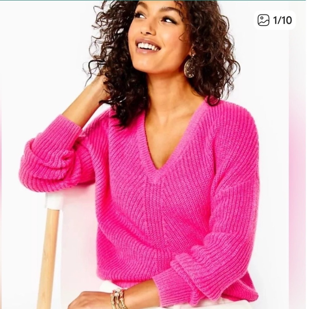 Lilly Pulitzer Kasmina V-Neck Sweater Pink Isle Women's Size Large - Picture 2 of 10